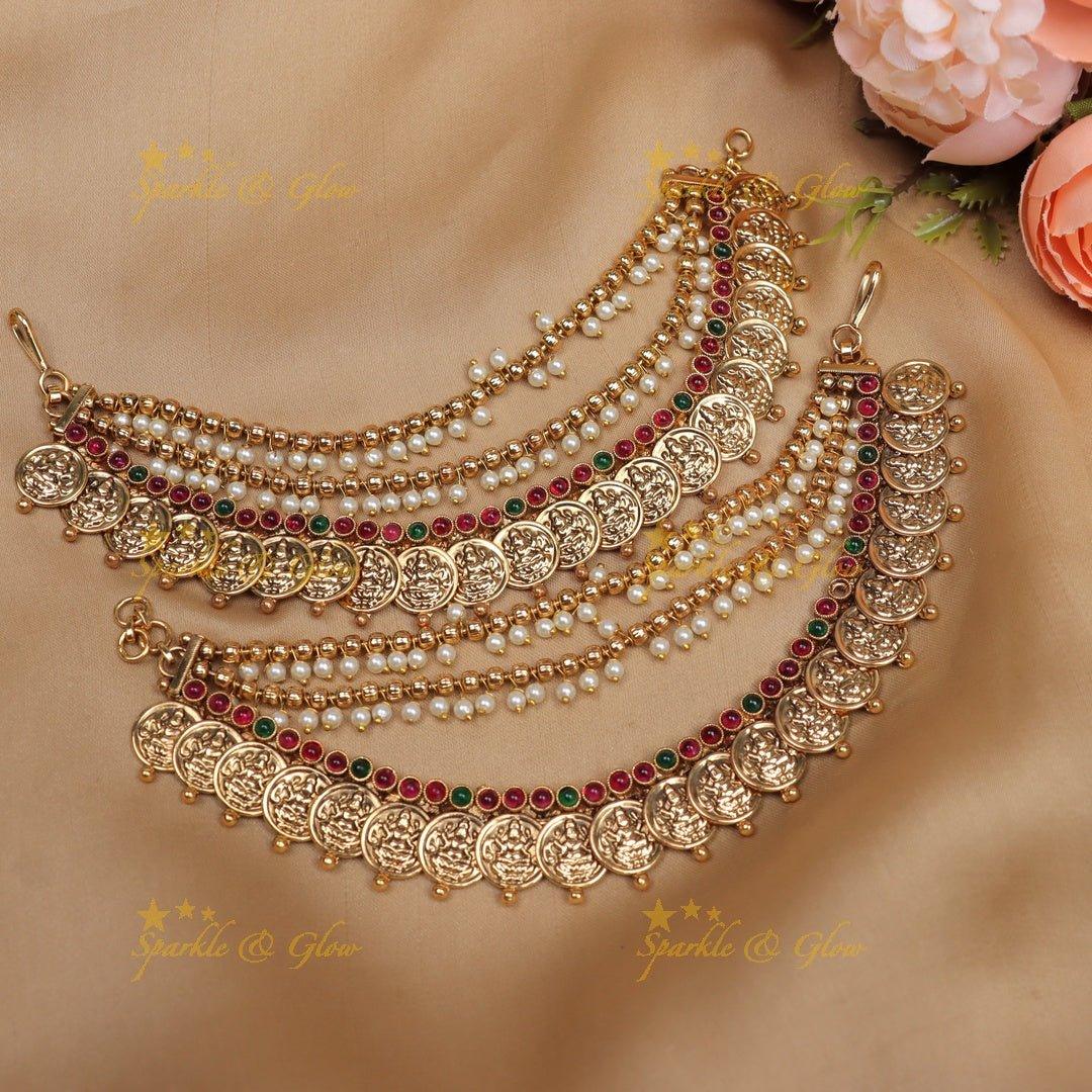 Statement Idol Lakshmi Coin carved Kemp Earchain - Sparkle and Glow