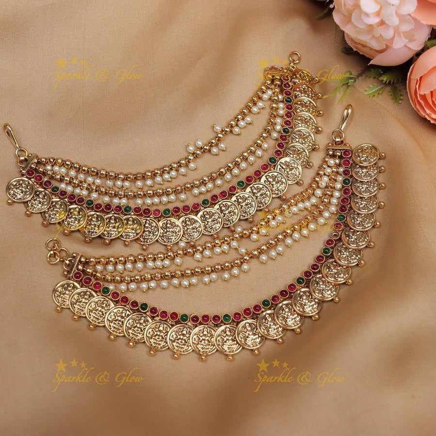 Statement Idol Lakshmi Coin carved Kemp Earchain - Sparkle and Glow