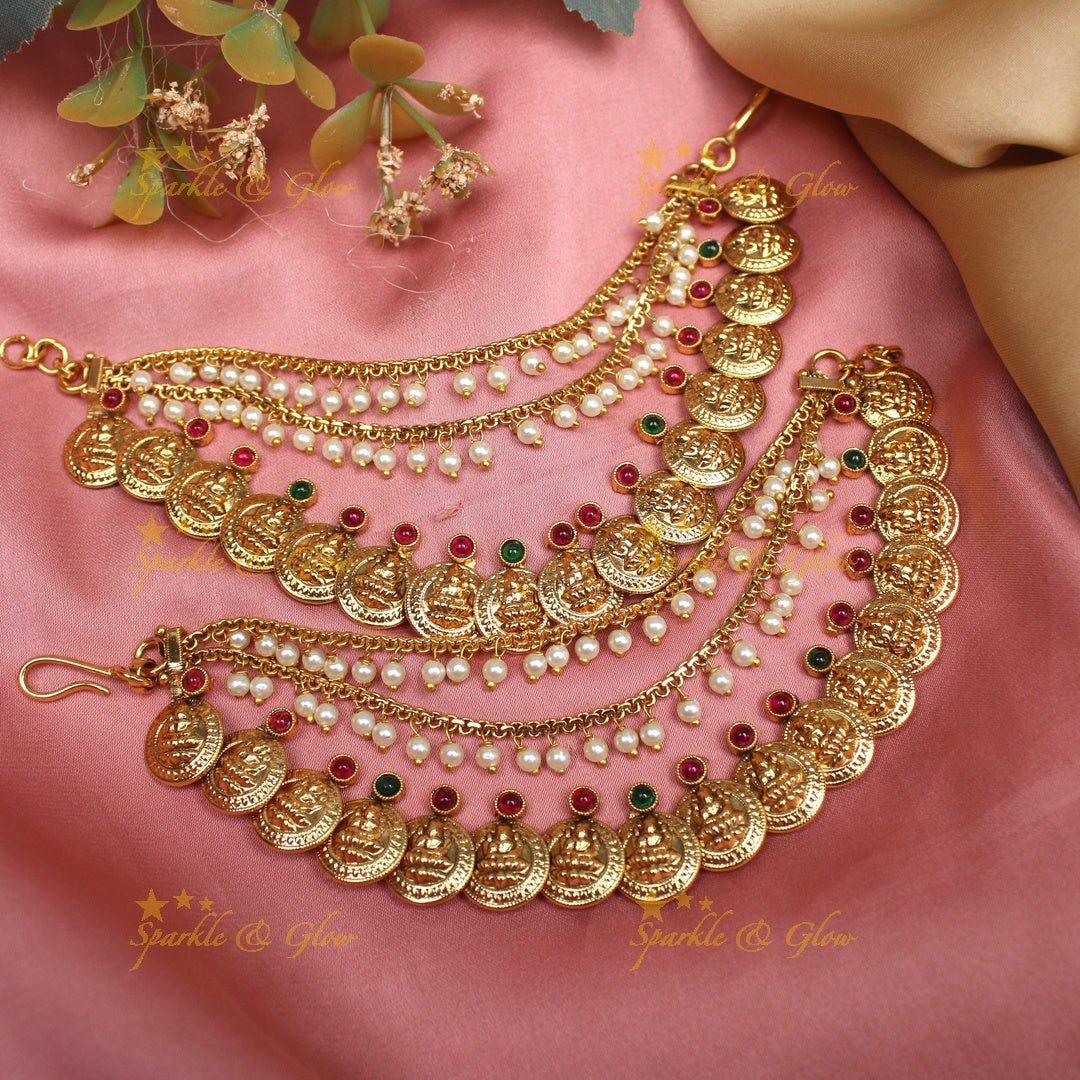 Elegant Idol Lakshmi Coin carved Kemp Earchain - Sparkle and Glow