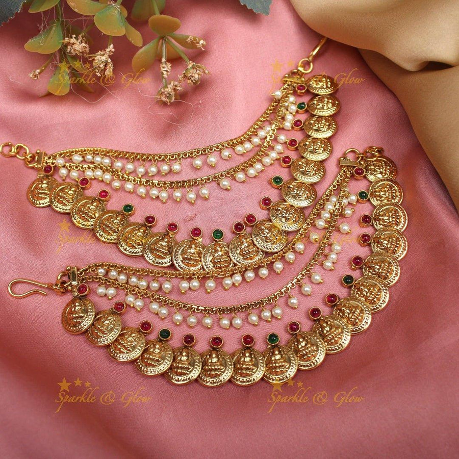 Elegant Idol Lakshmi Coin carved Kemp Earchain - Sparkle and Glow