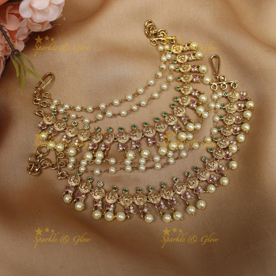 Stunning Idol Lakshmi Mango carved Kemp Earchain with stones - Sparkle and Glow