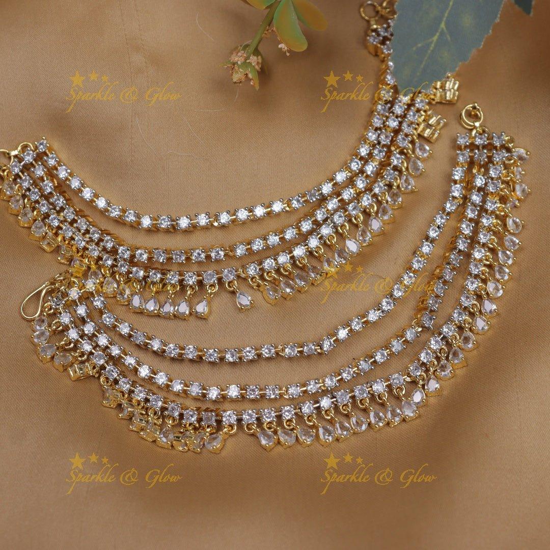 Statement Three layered American diamond Earchain with waterdrop hanging - Sparkle and Glow