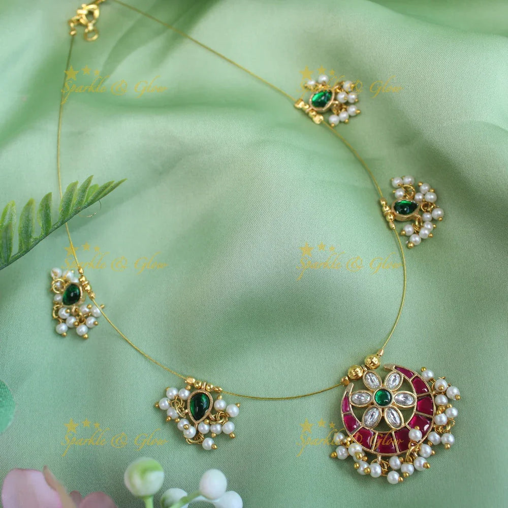 Elegant Half moon Floral design Jadau invisible short necklace-Ruby - Sparkle and Glow