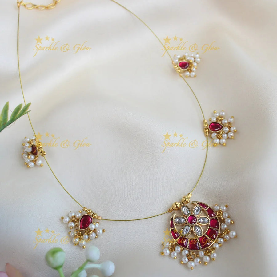 Elegant Half moon Floral design Jadau invisible short necklace-Ruby - Sparkle and Glow