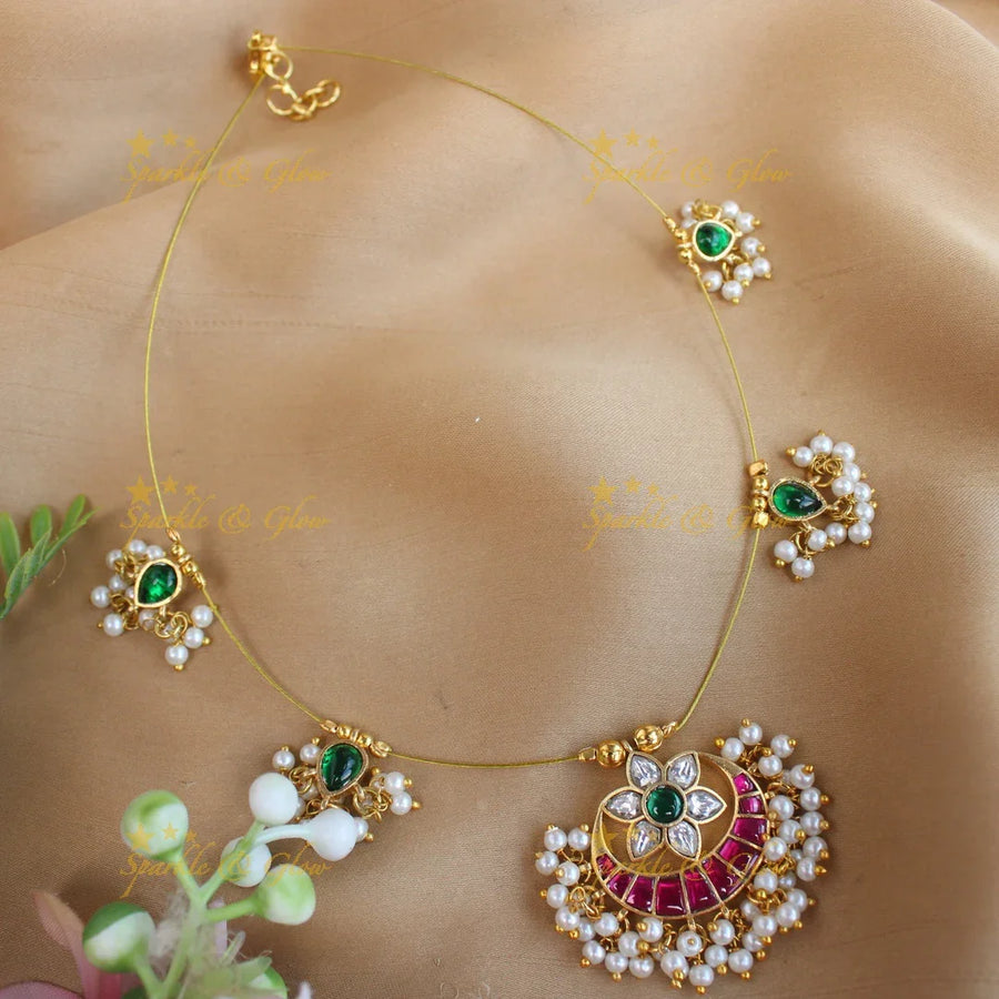 Beautiful Half moon star floral Jadau invisible short necklace-Multi - Sparkle and Glow