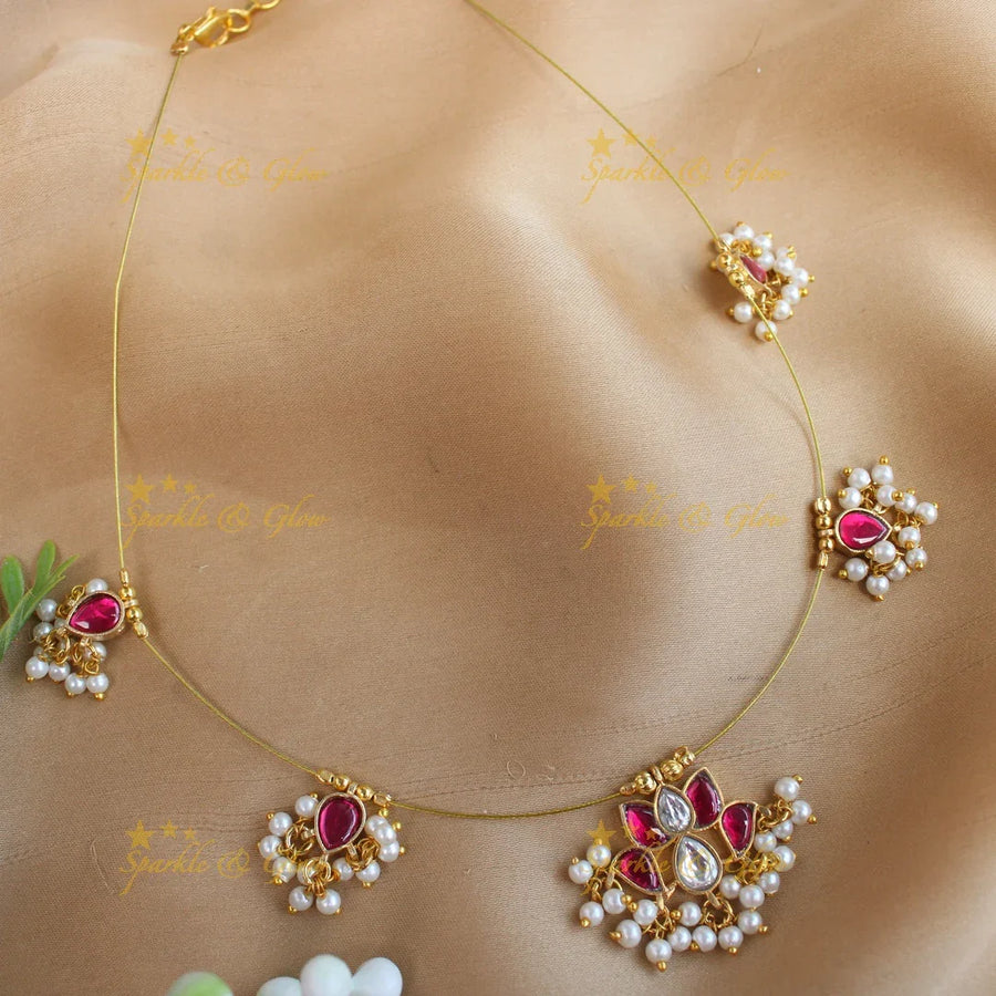 Sparkling Lotus Flower design Jadau invisible short necklace-Rubywhite - Sparkle and Glow
