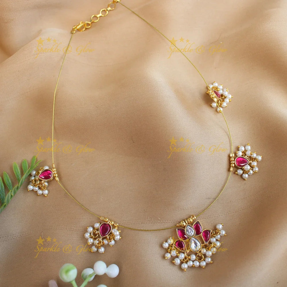 Sparkling Lotus Flower design Jadau invisible short necklace-Rubywhite - Sparkle and Glow