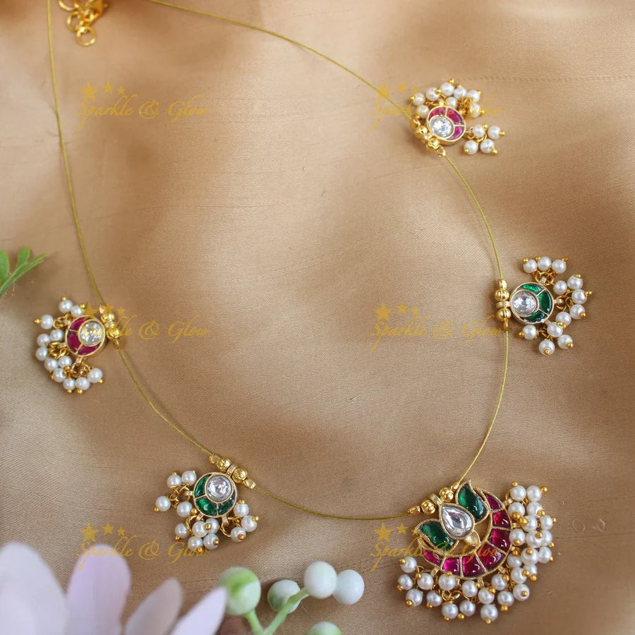Gracious Half moon Lotus Floral Jadau invisible short necklace-Multi - Sparkle and Glow