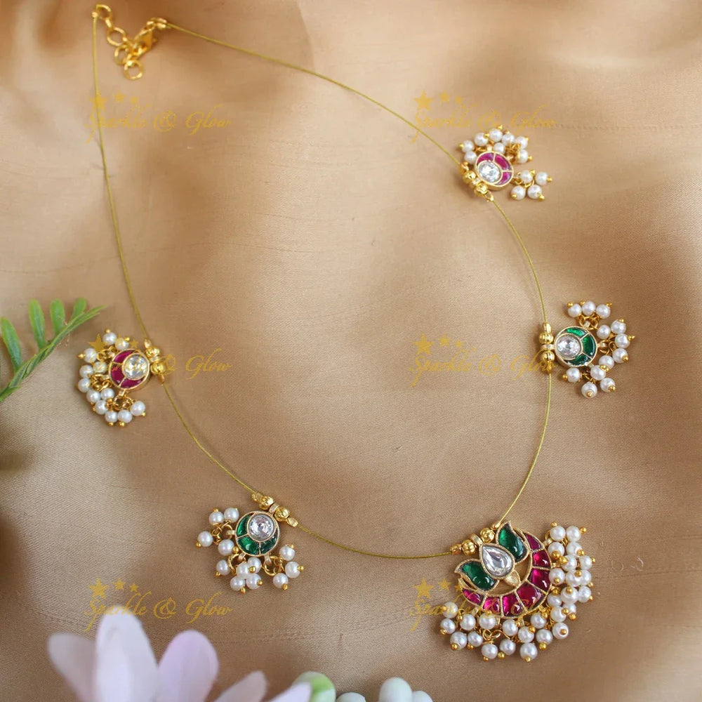 Gracious Half moon Lotus Floral Jadau invisible short necklace-Multi - Sparkle and Glow