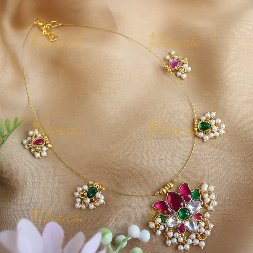 Grand Lotus Flower pendant carved Jadau guttapusalu Invisible short necklace-Ruby - Sparkle and Glow