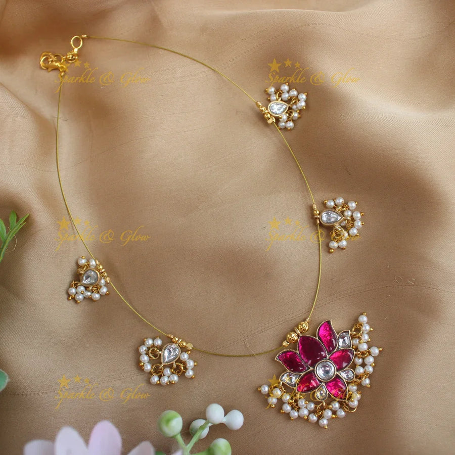 Grand Lotus Flower pendant carved Jadau guttapusalu Invisible short necklace-Ruby - Sparkle and Glow