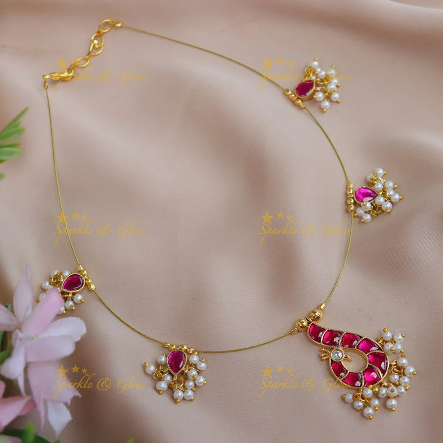 Gracious Peacock Waterdrop design Jadau Invisible short necklace-Ruby - Sparkle and Glow