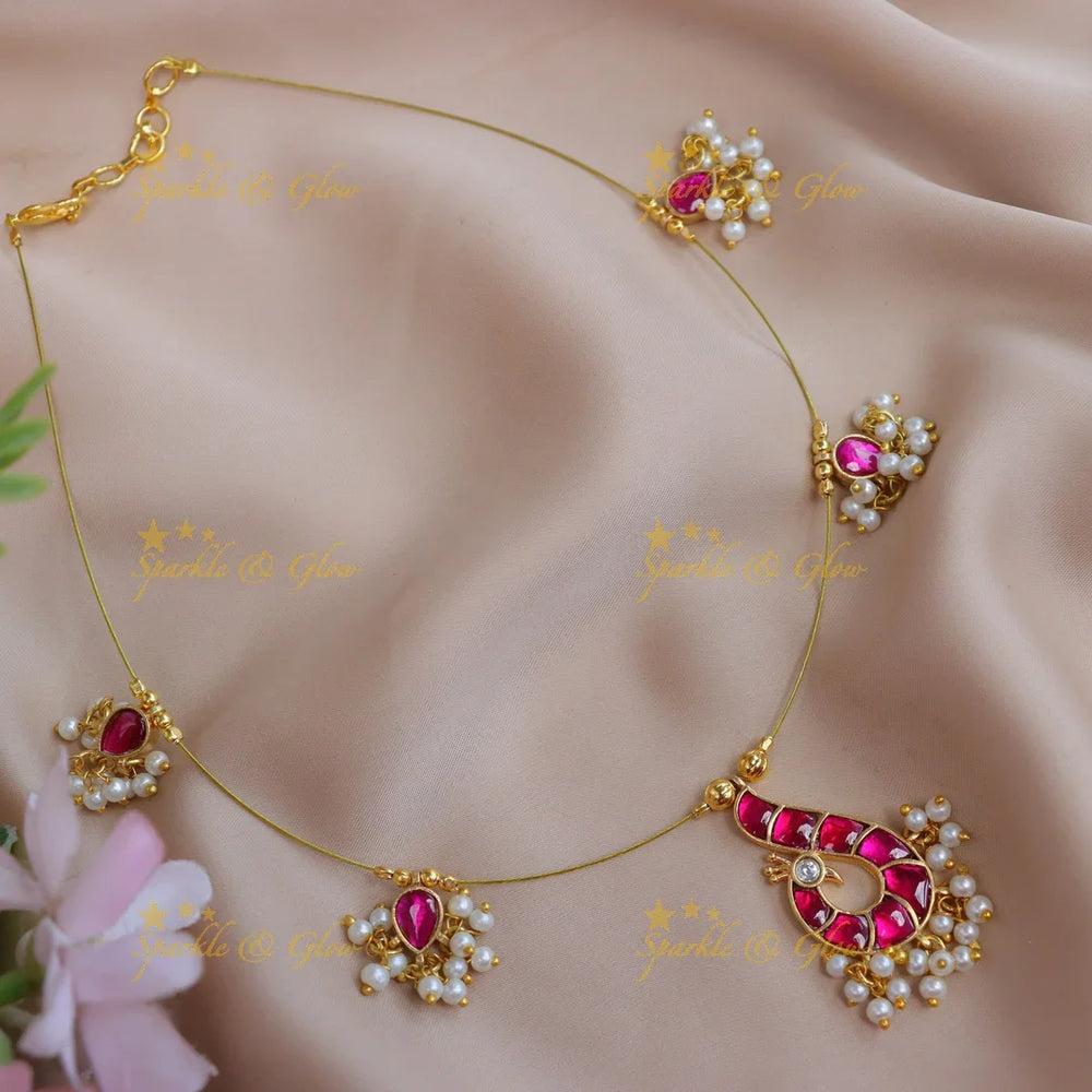 Gracious Peacock Waterdrop design Jadau Invisible short necklace-Ruby - Sparkle and Glow