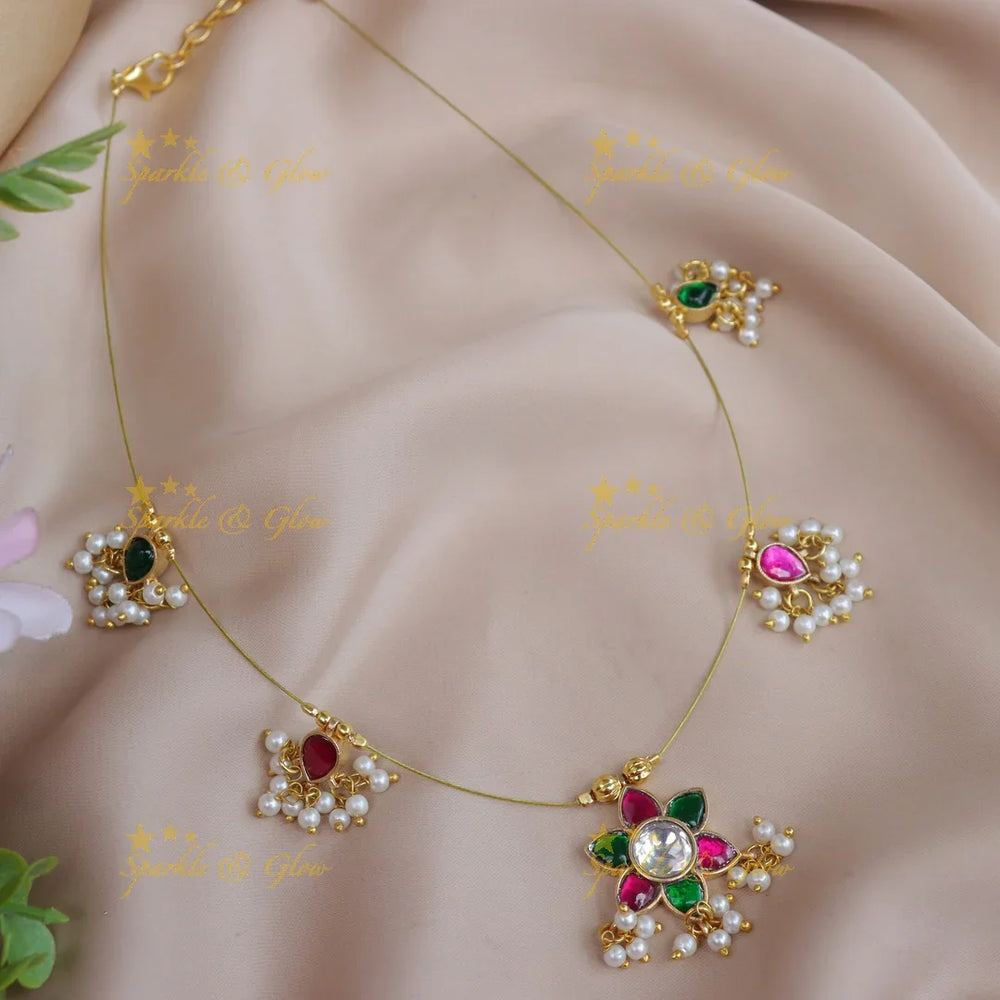 Elegant Star Flower pendant carved Jadau invisible short necklace-Ruby - Sparkle and Glow