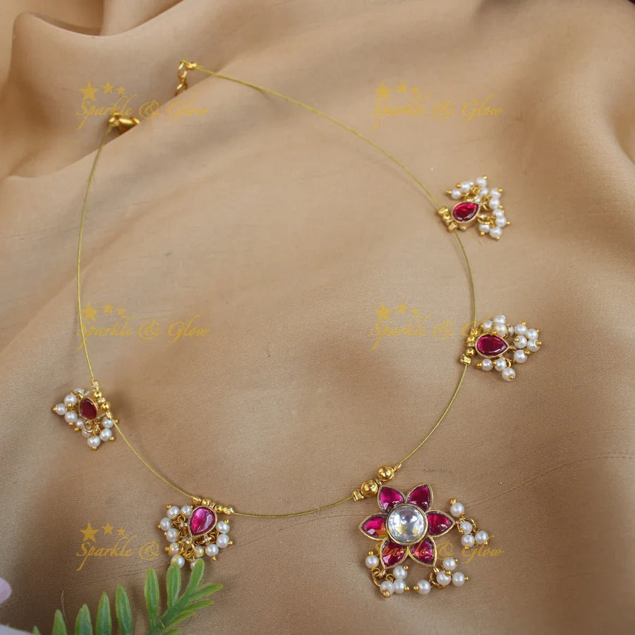 Elegant Star Flower pendant carved Jadau invisible short necklace-Ruby - Sparkle and Glow