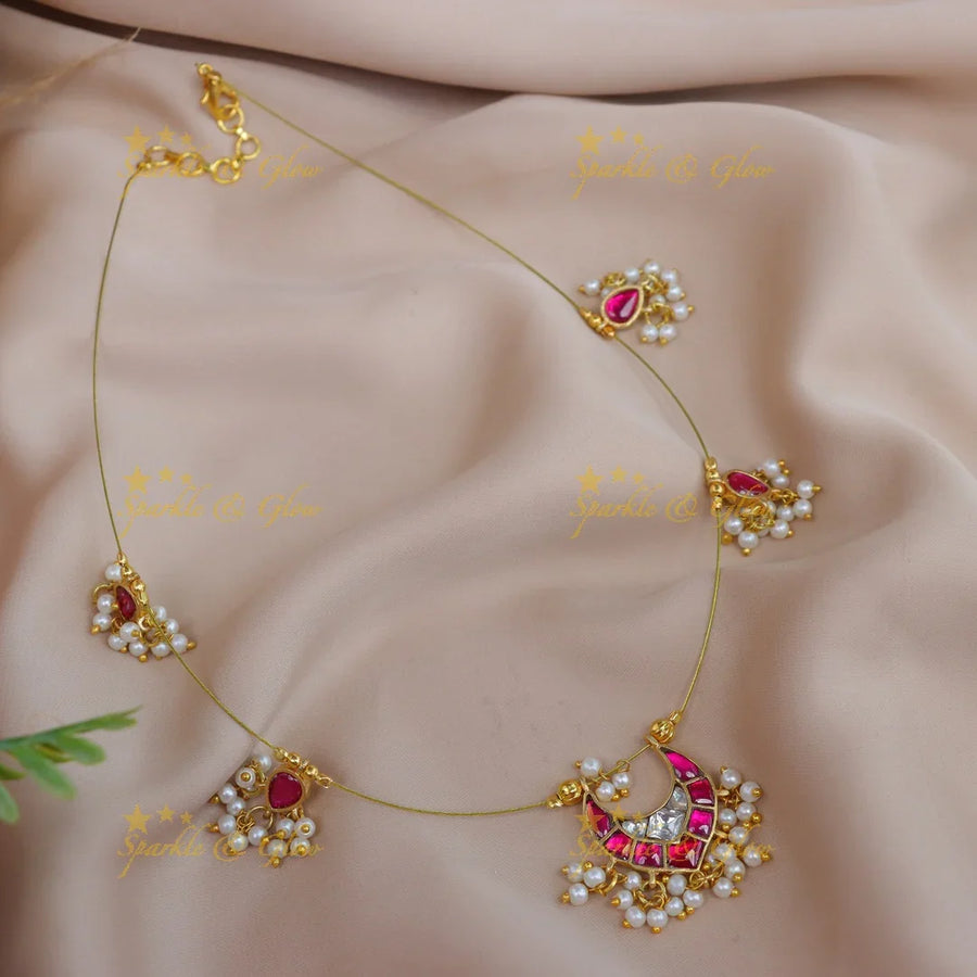 Gracious Half moon waterdrop pendant carved invisible short necklace-Ruby - Sparkle and Glow