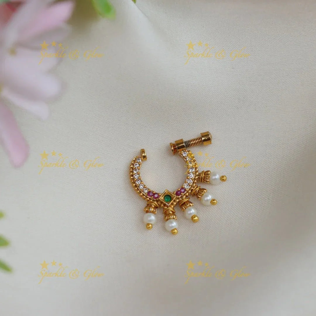 Stunning Half moon multi colour AD stones with pearl nose pin - Sparkle and Glow