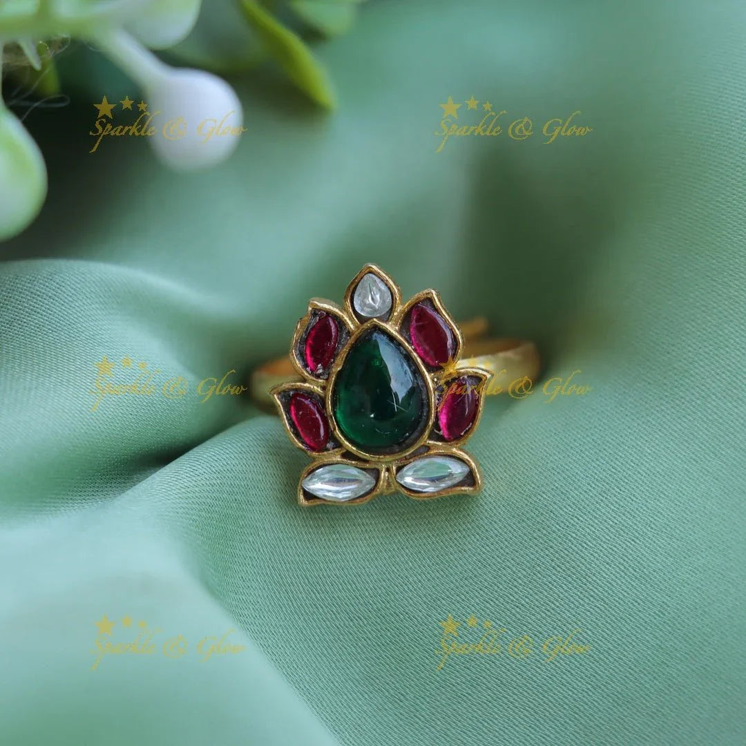 Pretty jadau stone lotus design finger ring - Sparkle and Glow