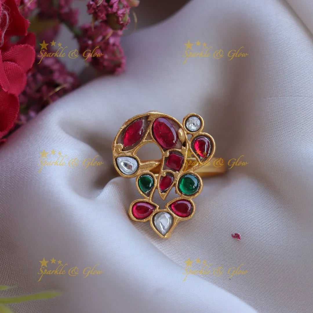 Stunning multi colour peacock design jadau finger ring - Sparkle and Glow