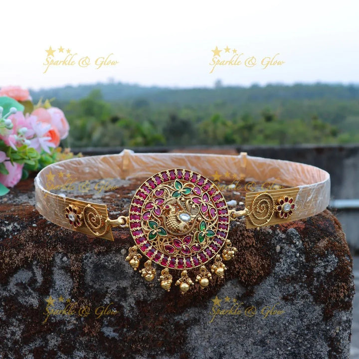 Beautiful kemp stone multi colour Peacock design hip belt - Gold - Sparkle and Glow