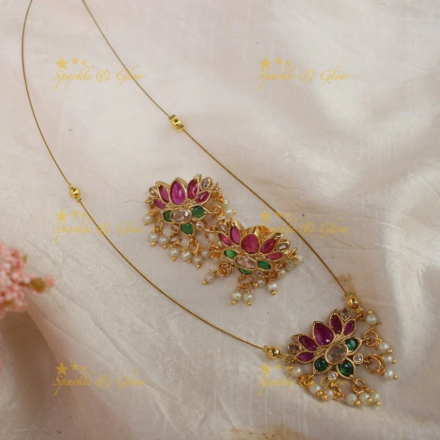 Pretty kemp stone lotus design pendant short necklace with invisible chain - Sparkle and Glow