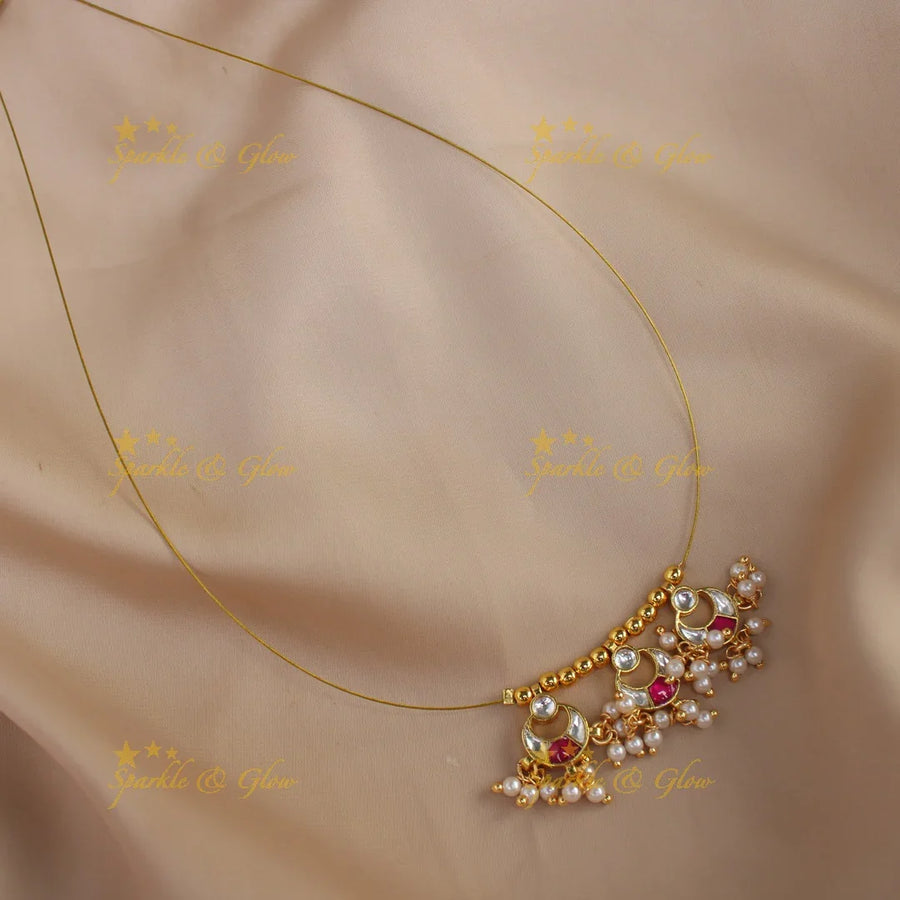Elegant jadau pink and white colour pendant short necklace with invisible chain - 1 - Sparkle and Glow