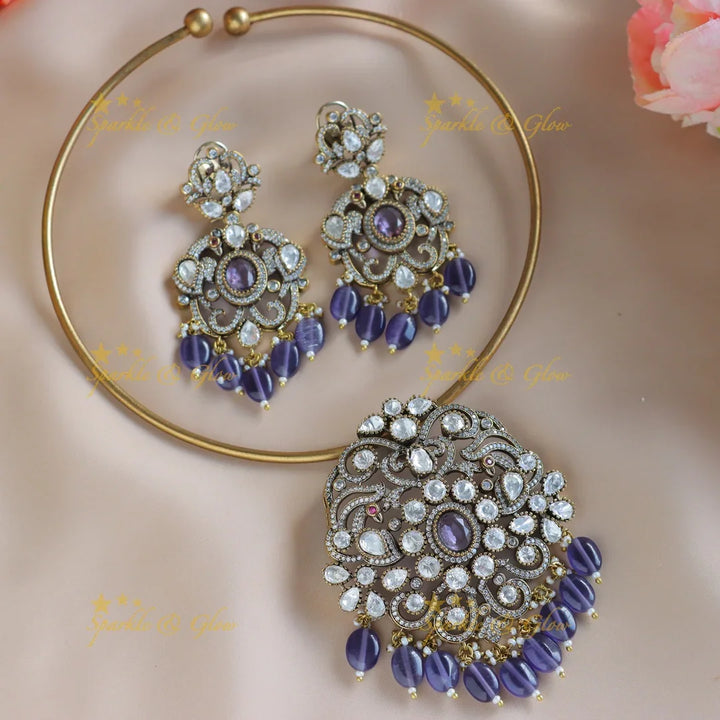 Gracious Kundan Floral Victorian AD hasli choker-Green - Sparkle and Glow