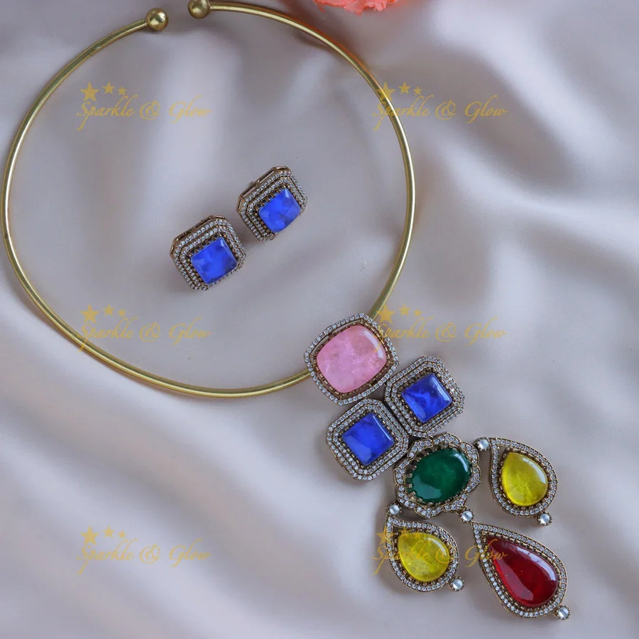 Statement Mango square pendant Victorin AD hasli choker-Navarathna - Sparkle and Glow