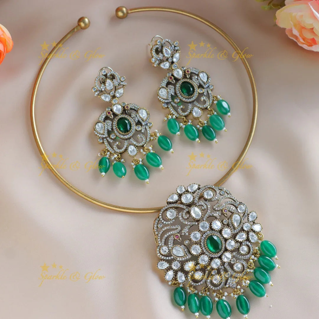 Gracious Kundan Floral Victorian AD hasli choker-Green - Sparkle and Glow