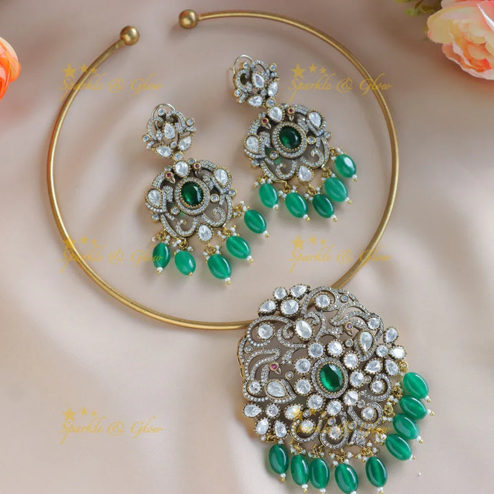 Gracious Kundan Floral Victorian AD hasli choker-Green - Sparkle and Glow