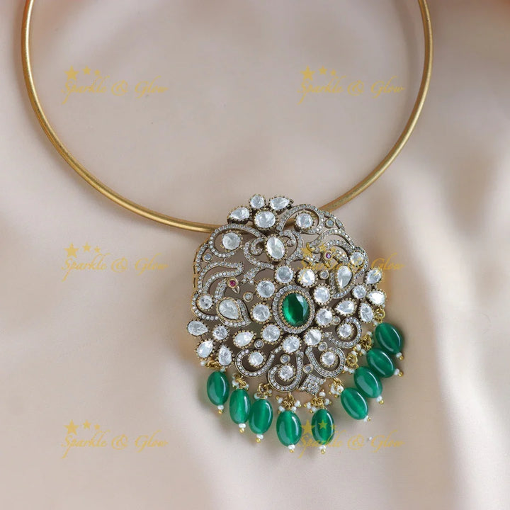 Gracious Kundan Floral Victorian AD hasli choker-Green - Sparkle and Glow