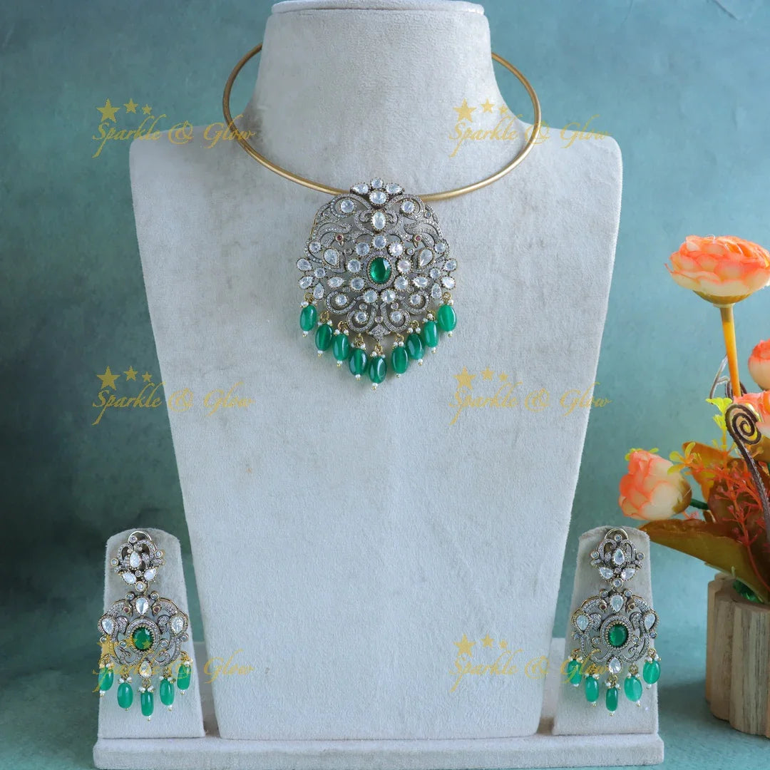 Gracious Kundan Floral Victorian AD hasli choker-Green - Sparkle and Glow