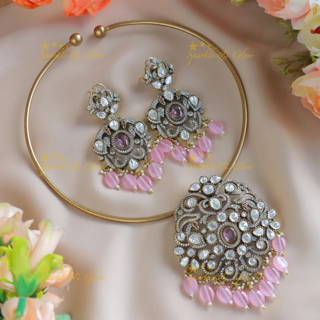 Gracious Kundan Floral Victorian AD hasli choker-Green - Sparkle and Glow