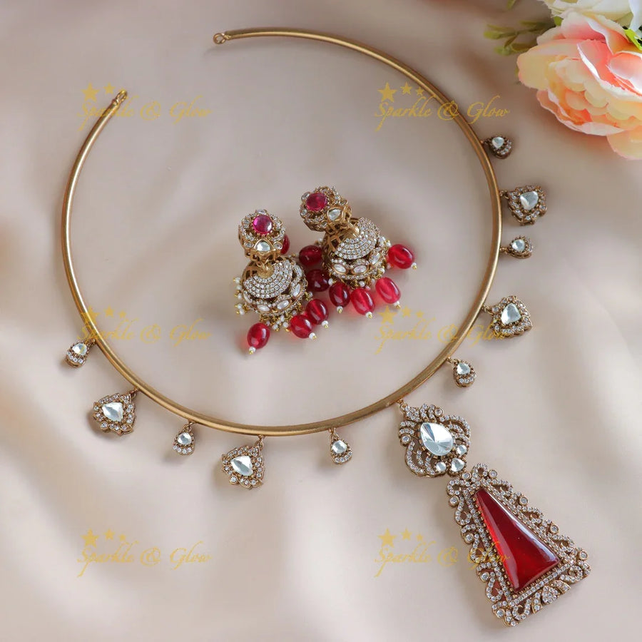 Sparkling Kundan Polki and beaded hasli choker-Red - Sparkle and Glow