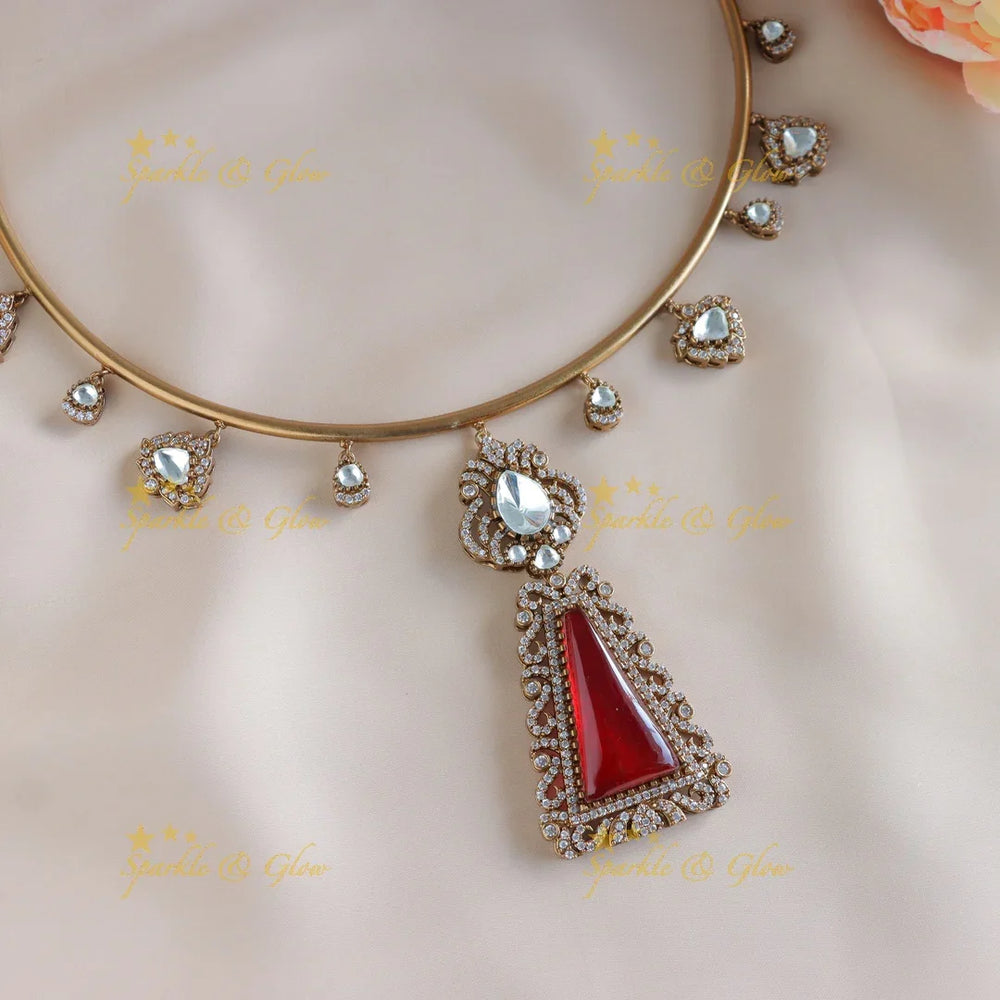 Sparkling Kundan Polki and beaded hasli choker-Red - Sparkle and Glow