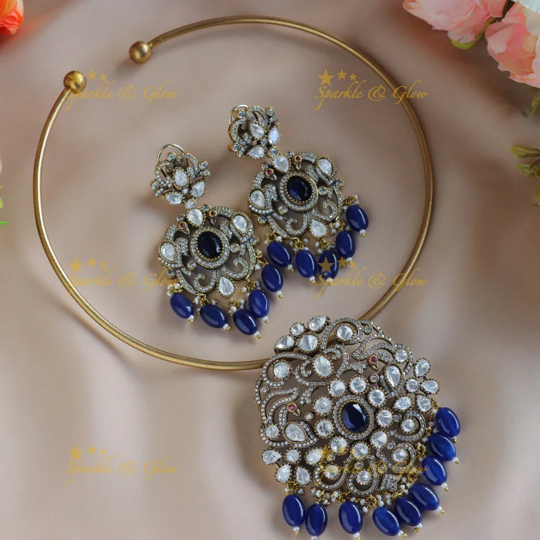 Gracious Kundan Floral Victorian AD hasli choker-Green - Sparkle and Glow