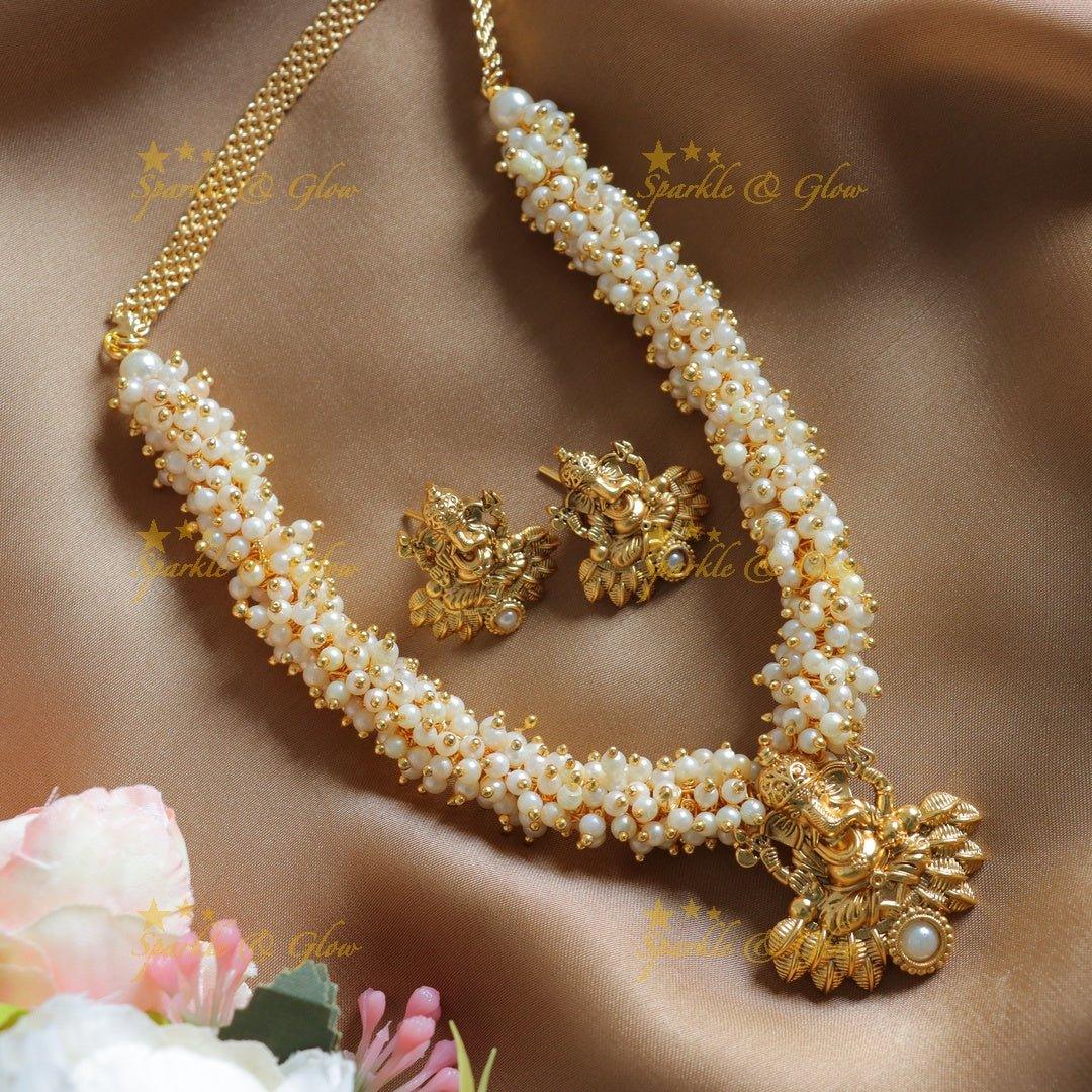 Gracious Idol Ganesha pendant carved pearl cluster short necklace - Sparkle and Glow