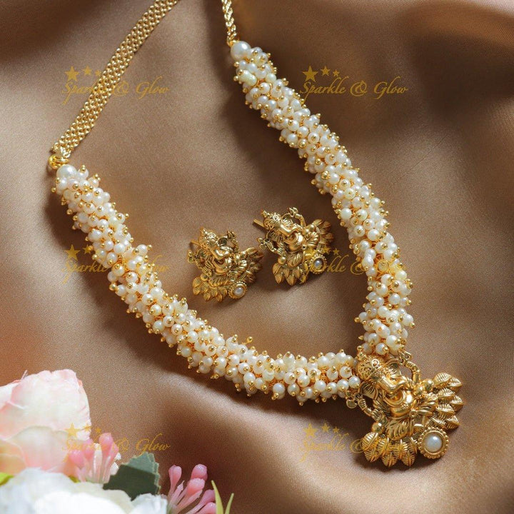 Gracious Idol Ganesha pendant carved pearl cluster short necklace - Sparkle and Glow