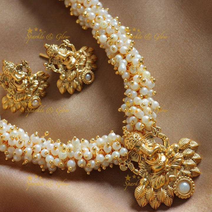 Gracious Idol Ganesha pendant carved pearl cluster short necklace - Sparkle and Glow