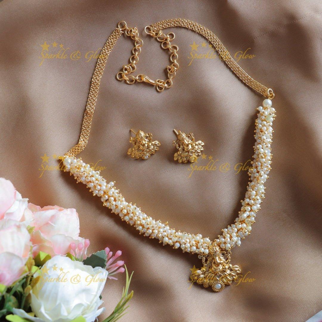 Gracious Idol Ganesha pendant carved pearl cluster short necklace - Sparkle and Glow