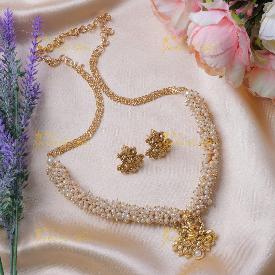 Gracious Idol Ganesha pendant carved pearl cluster short necklace - Sparkle and Glow