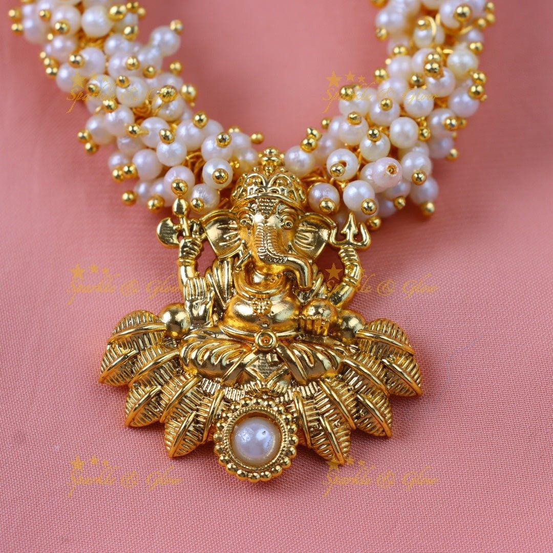 Gracious Idol Ganesha pendant carved pearl cluster short necklace - Sparkle and Glow