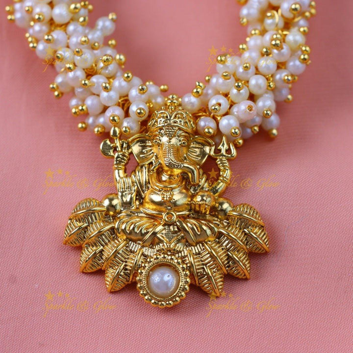 Gracious Idol Ganesha pendant carved pearl cluster short necklace - Sparkle and Glow