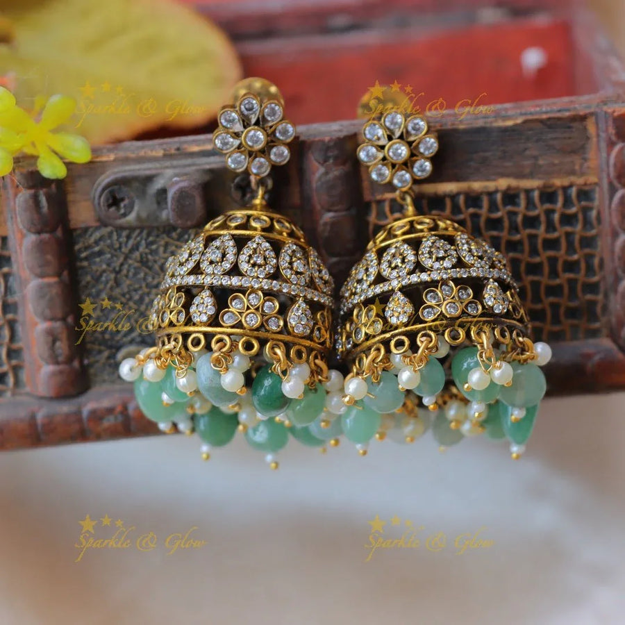 Stunning victorian Stones and mint green beads jhumukas - Sparkle and Glow