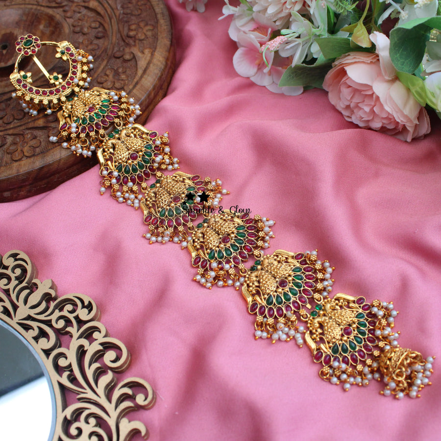 Antique Gold alike Kemp Peacock Floral Bridal Chand Bali Jadabilla - Sparkle and Glow