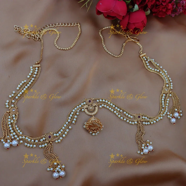Gorgeous pearl and jumka design gold alike hip chain - White - Sparkle and Glow