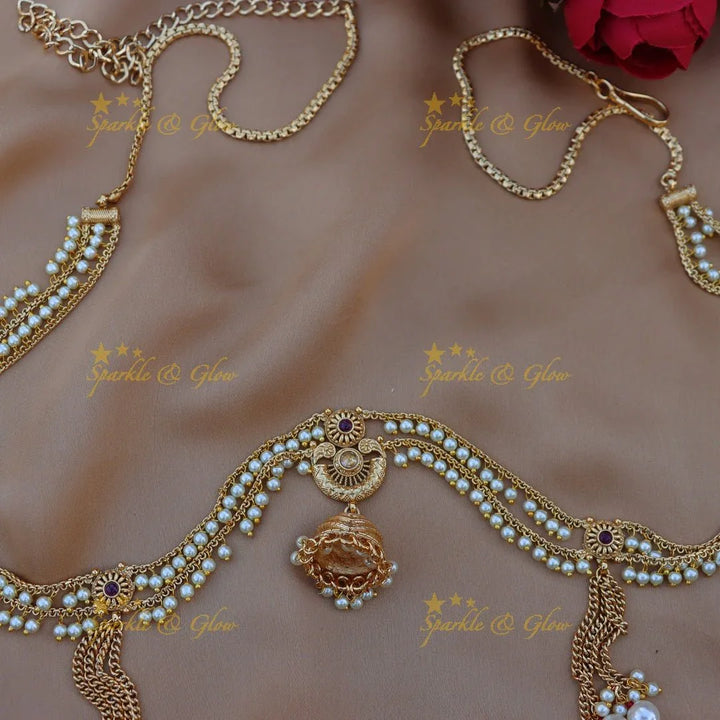 Gorgeous pearl and jumka design gold alike hip chain - White - Sparkle and Glow