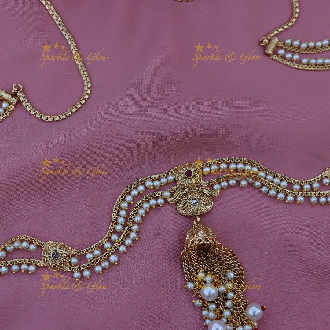 Pretty pearl and flower design gold hip chain - Sparkle and Glow