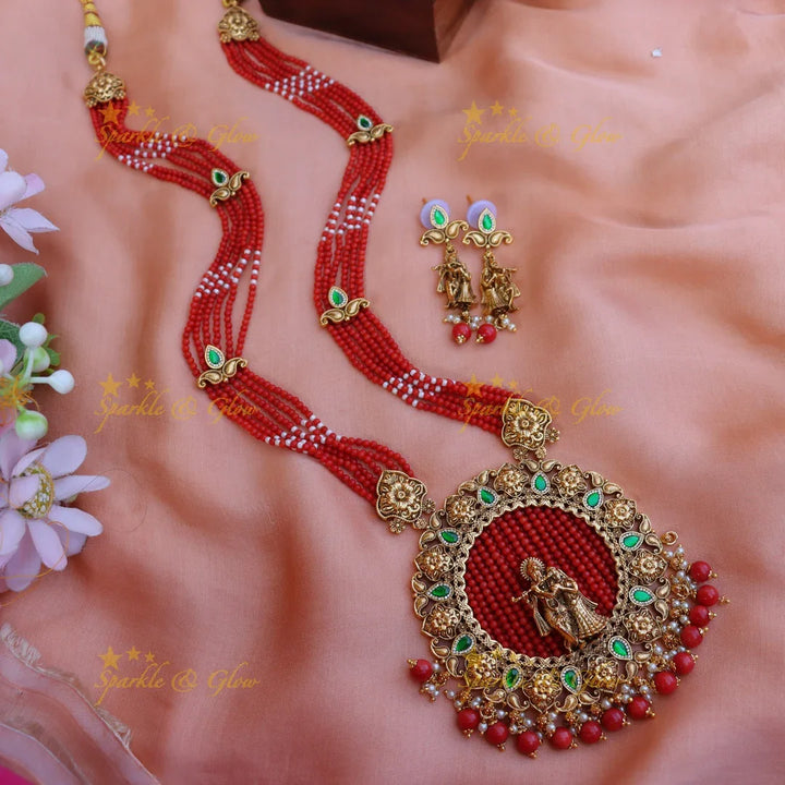 Elegant Radha krishna pendant red beads long necklace - Green - Sparkle and Glow