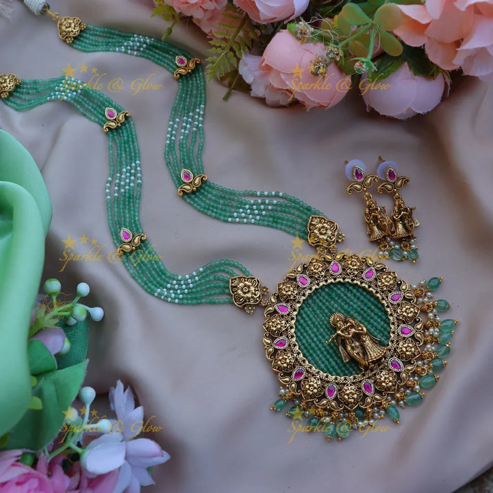 Elegant Radha krishna pendant red beads long necklace - Green - Sparkle and Glow